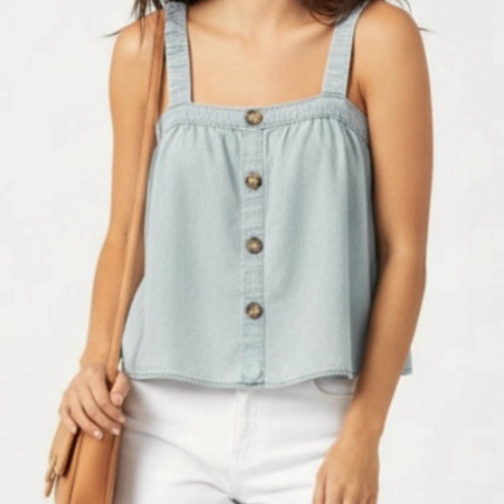Express Light Tank Top Blue Chambray Cropped Babydoll Sleeveless XS